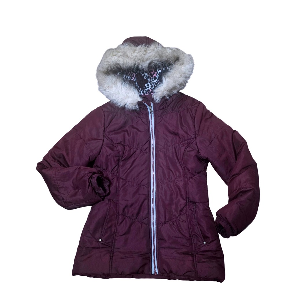 Weather Tamer Girls Burgundy Quilted Hooded Puffer Jacket Faux FurTrim Sz 14-16